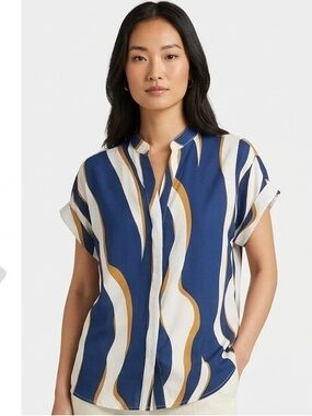 SHEIN Blue White and Gold Wave-Stripe Short Sleeve Button Down
